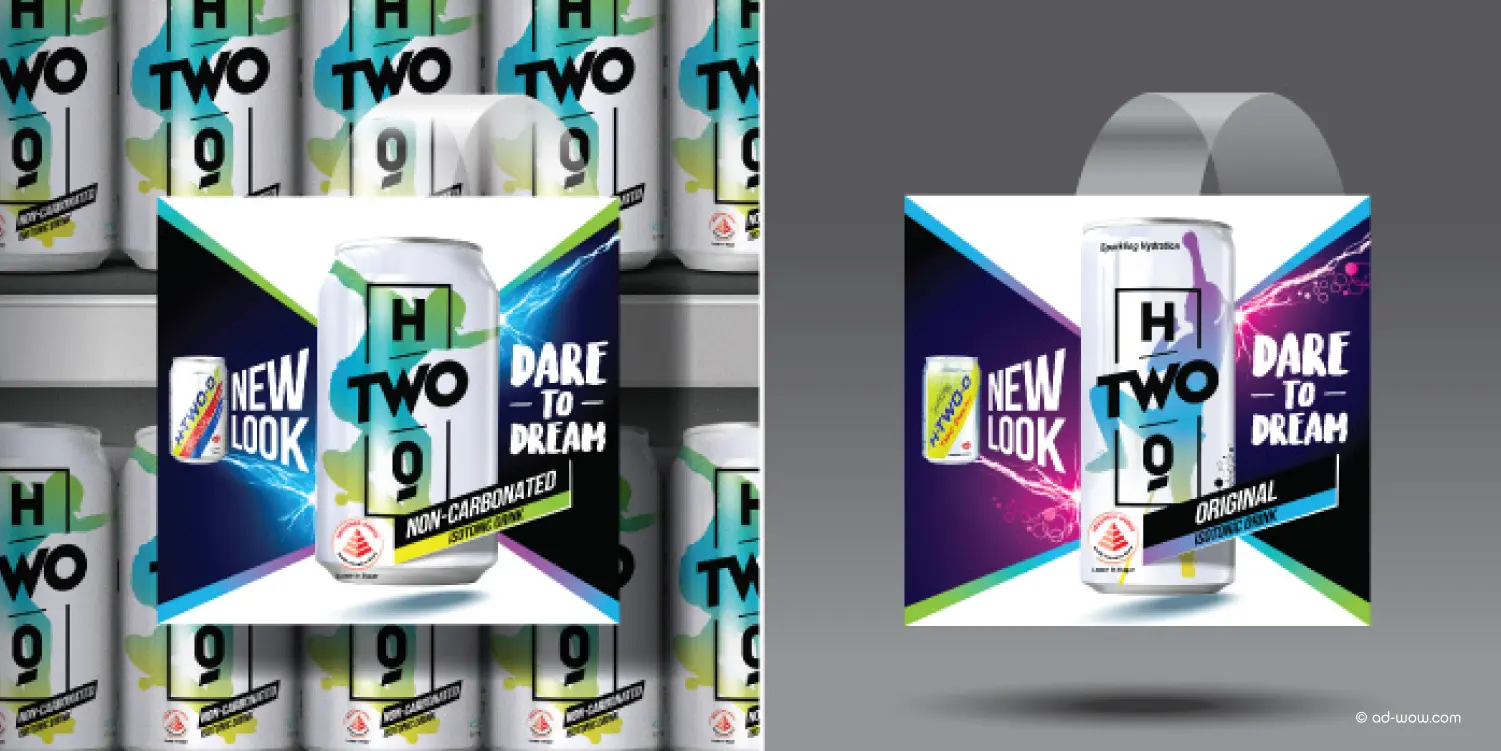 H-TWO-O in-store POSM display featuring new can and bottle packaging
